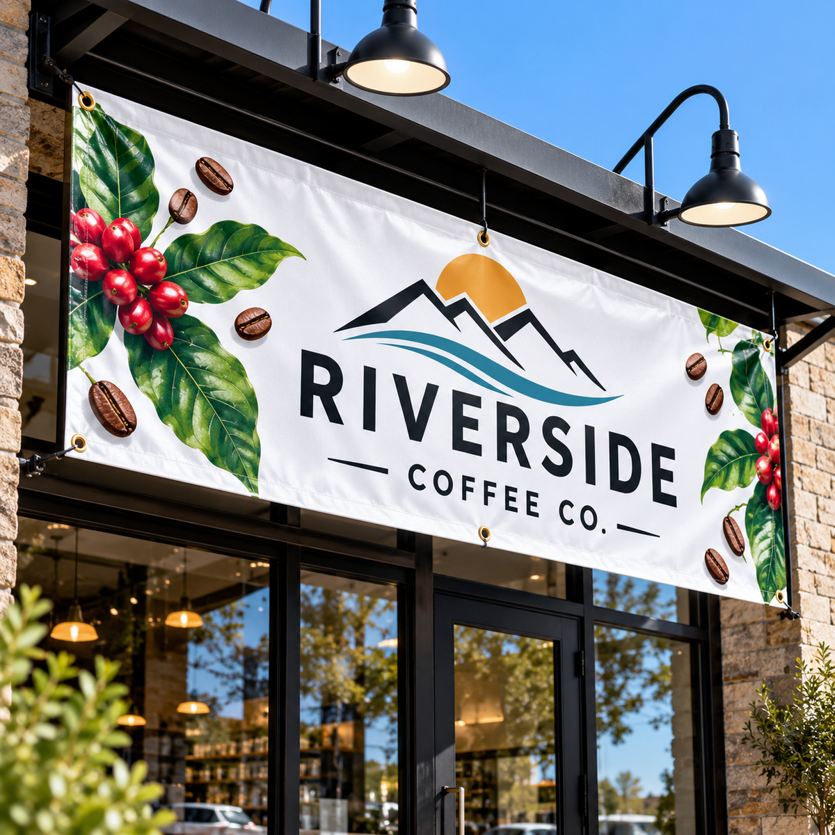 Custom vinyl business banner displayed outside a storefront