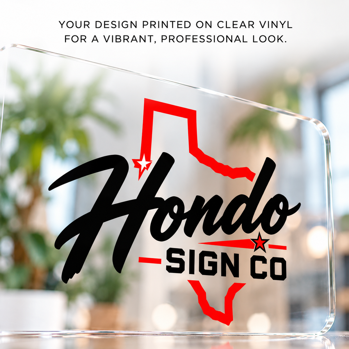 Custom design printed in full color on clear vinyl applied to acrylic sign