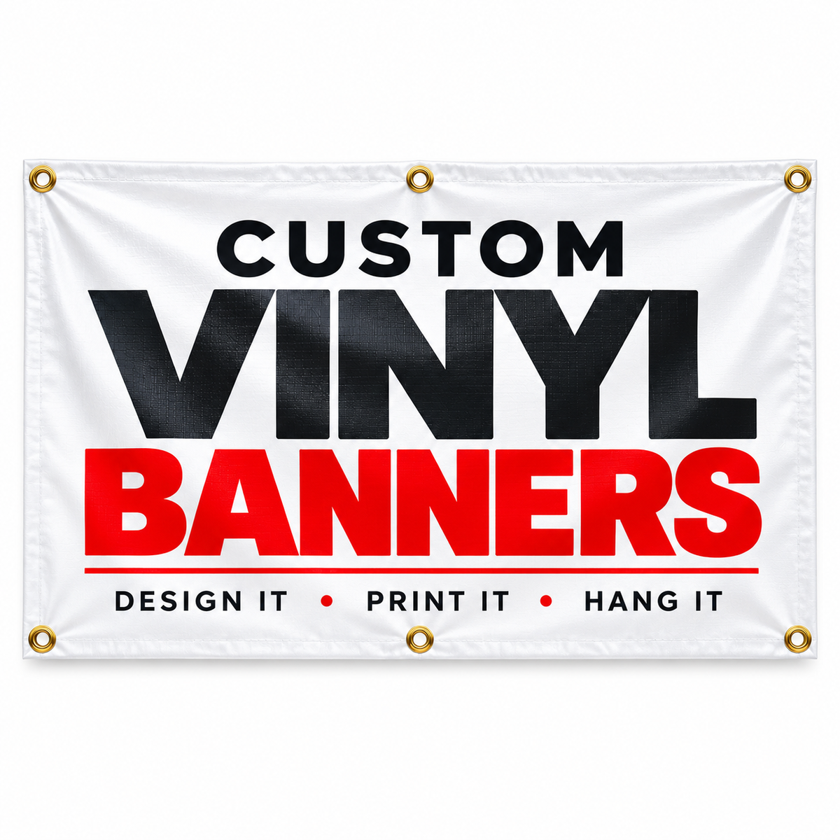 Custom full-color vinyl banner with hemmed edges and metal grommets