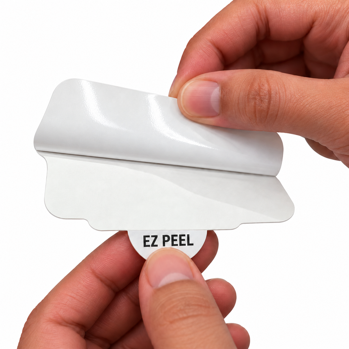 Custom sticker with easy-peel tab for quick backing removal